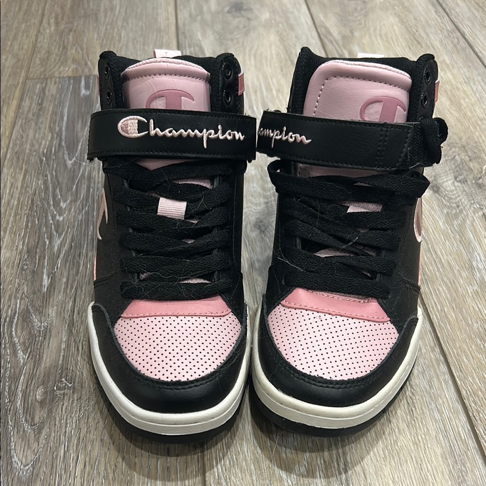 Champion Black and Pink High-Top Sneakers with Velcro Closure